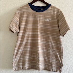 HUF Beige and White Striped Tee with Navy Collar